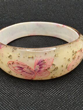 Resin Butterfly Floral Bangle Bracelet Ivory Gold Flake Pink Purple Boho Cottage